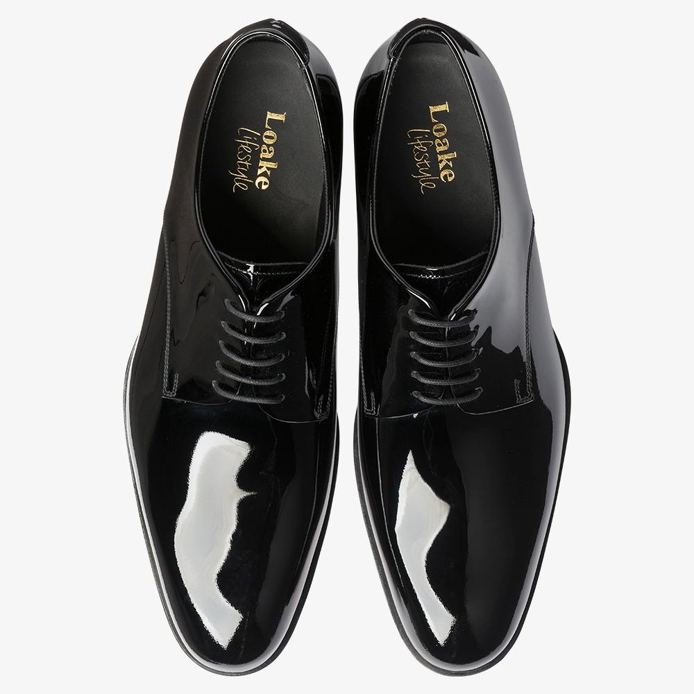Loake Bow black patent leather tuxedo derby shoes