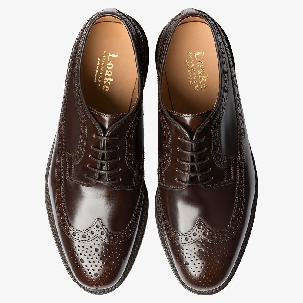 Loake Sovereign polished leather dark brown brogue blucher shoes